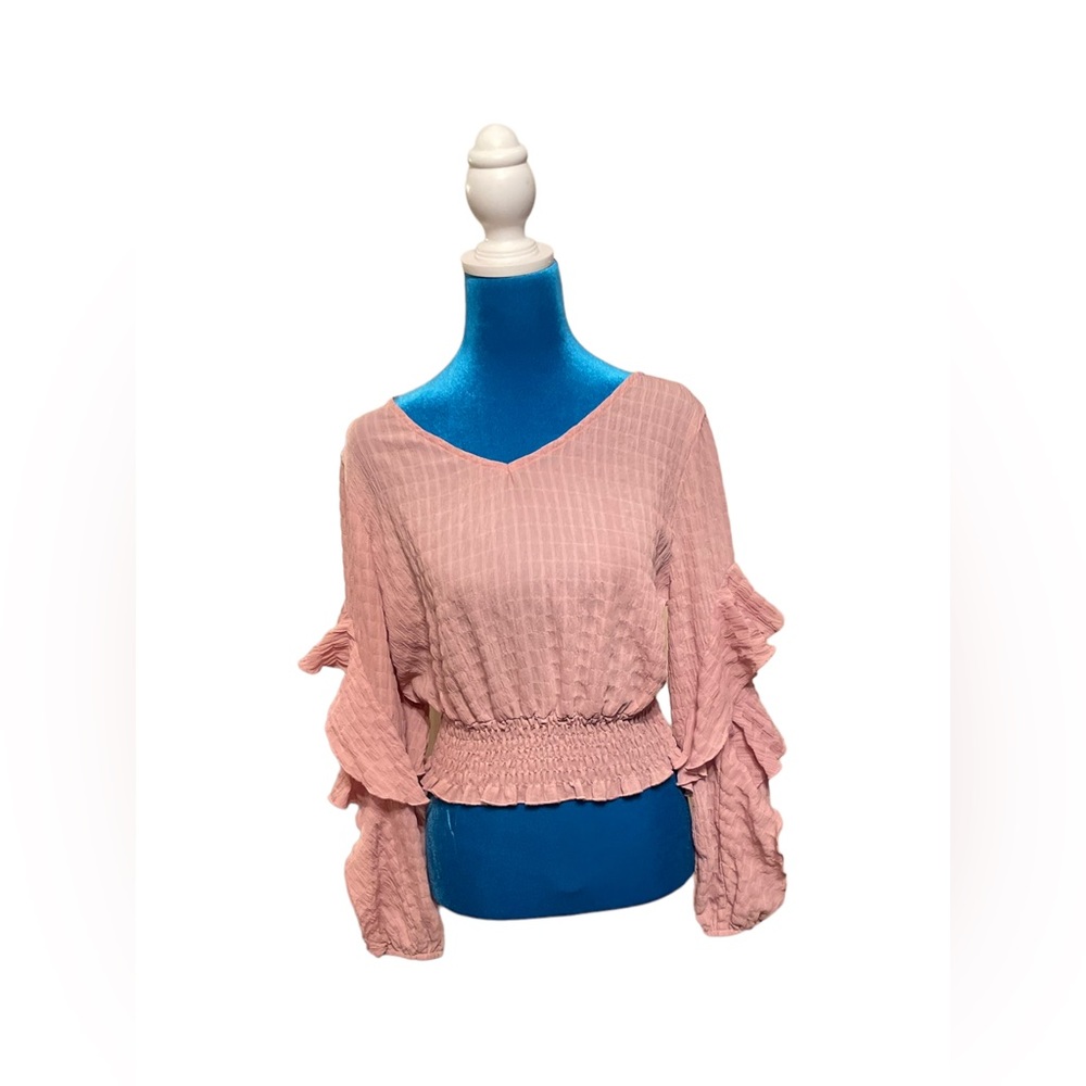 She & Sky sz medium cropped top pink boho puffy sleeves sheer 65% cotton